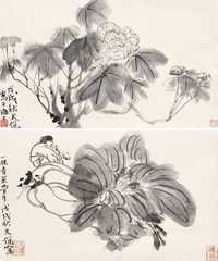 贺天健 花卉 人物 册页镜心（二件）